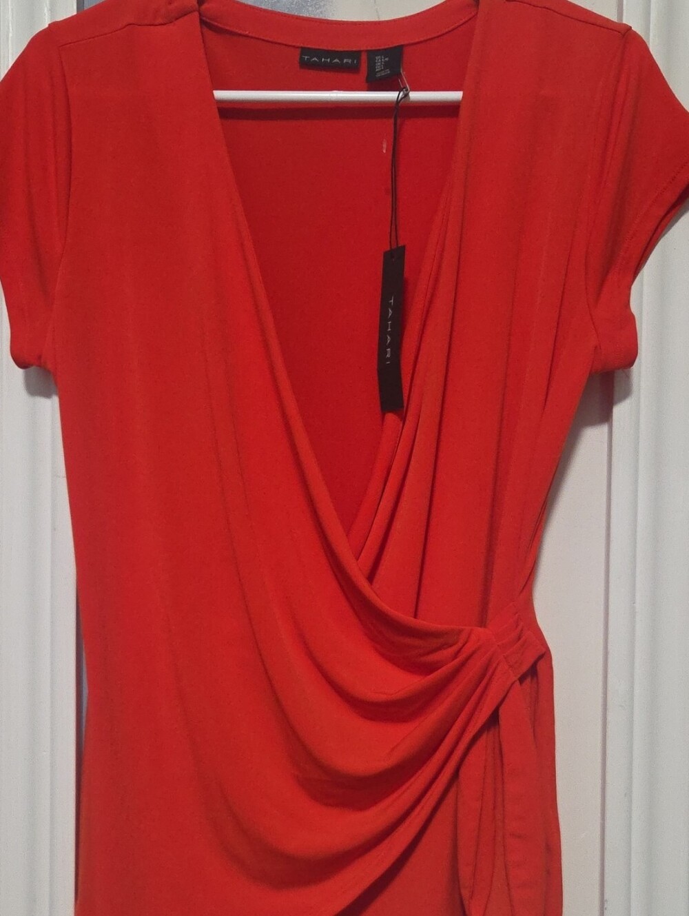 Tahari Bright Red Draped Wrap-Front Short Sleeve Top